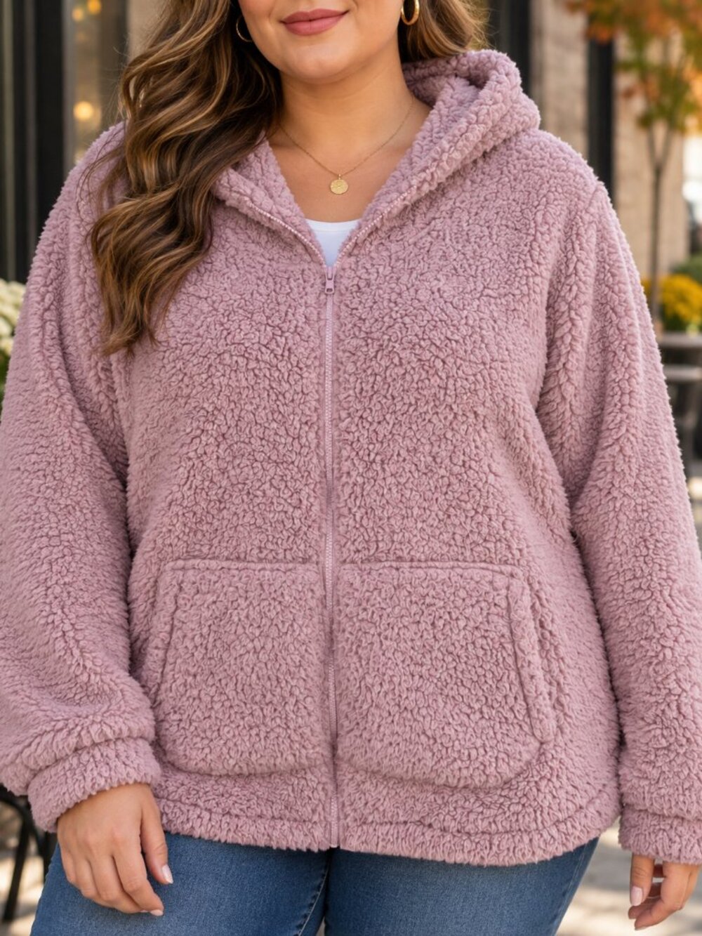 SO Plus Size 3X Mauve Pink Teddy Sherpa Faux Fur Hooded Zip Jacket Cozy